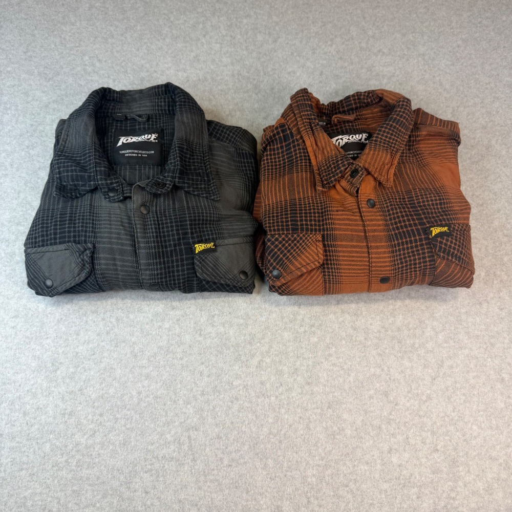 2 Torque Motorcycle Co Mens XXL Orange Black Plaid Long Sleeve Flannel Shirt